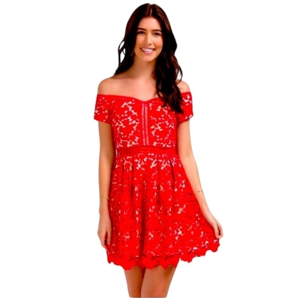 Francesca’s Beverly off‎ the shoulder red lace sweetheart neckline dress